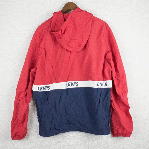 Levis Jacket Mens Medium Red Blue Oversized Half Zip Hooded Nylon Retro Striped - Picture 7 of 12